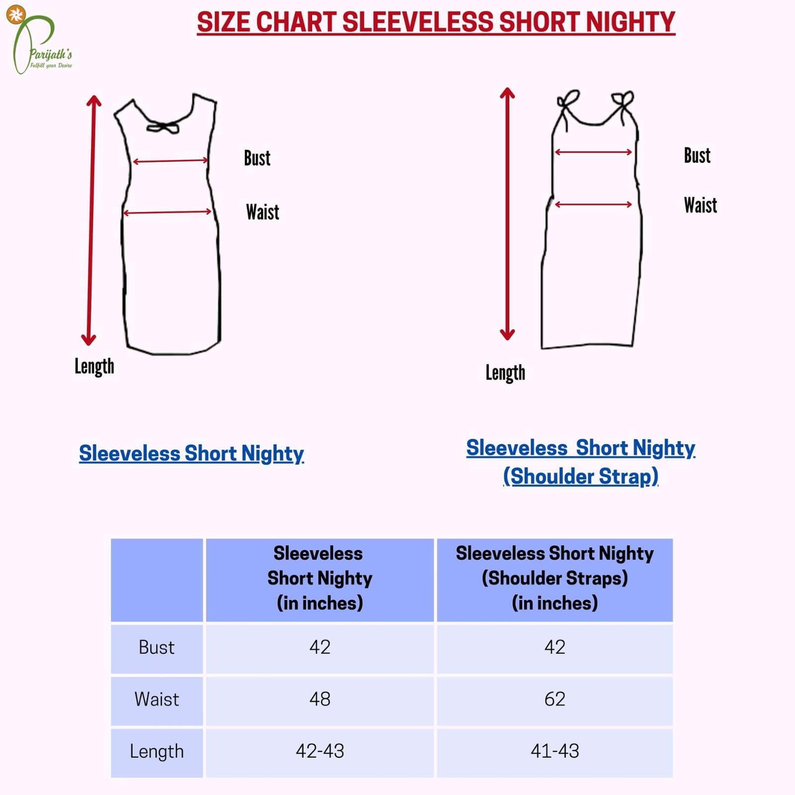 sleeveless short nighty size chart