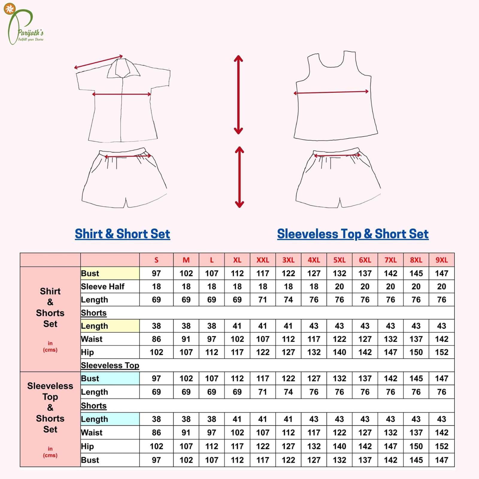 night suit and top pyjama set size chart