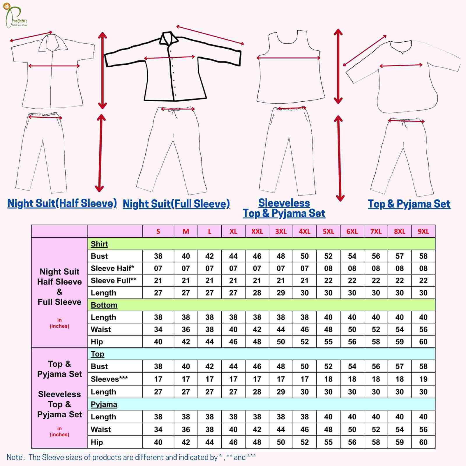 night suit and top pyjama set size chart