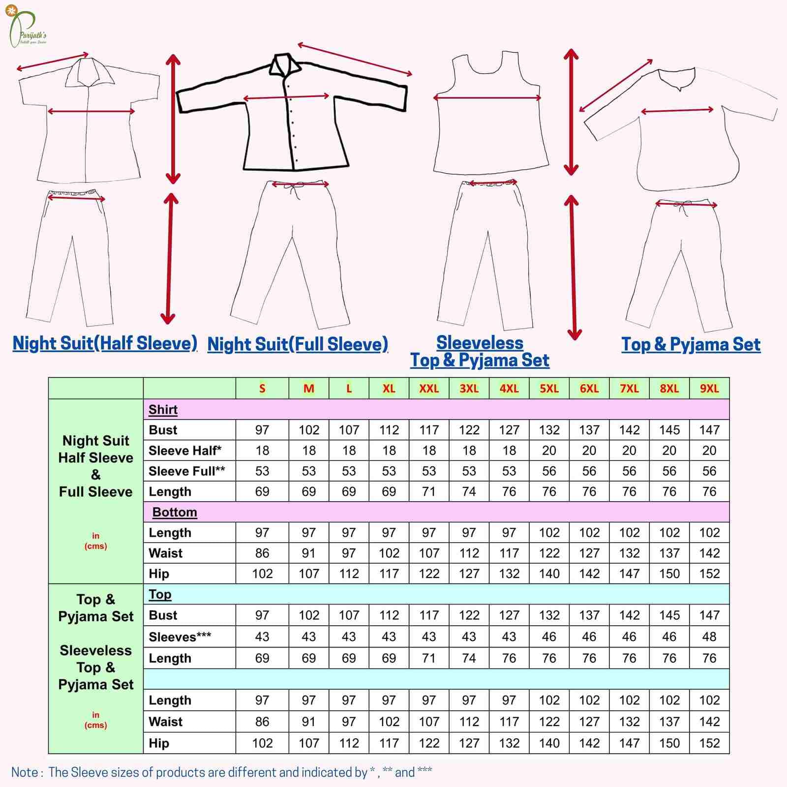 night suit and top pyjama set size chart