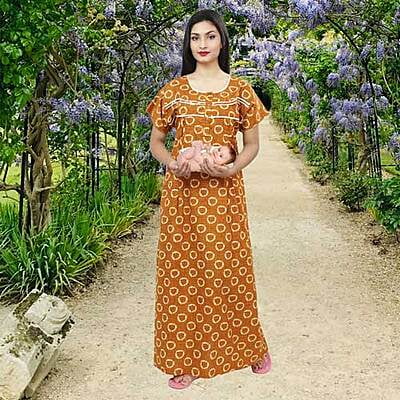 D-20 Cotton Maternity Nursing Nighty Maxi with Feeding Zips Free Size