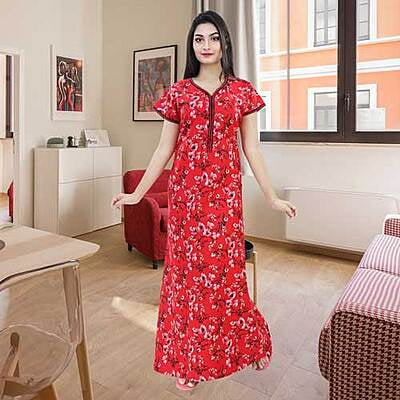 D-19 Cotton Nighty Maxi with Long Front Zip Free Size D-19 Cotton Nighty Maxi with Long Front Zip Free Size