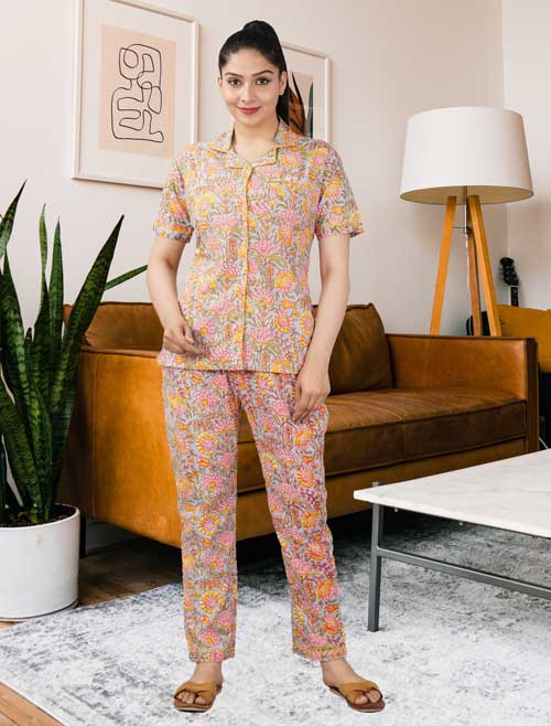 D-36 Cotton Women Night Suit Floral Front Open