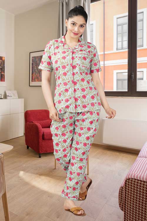 D-36 Cotton Women Night Suit Floral Front Open