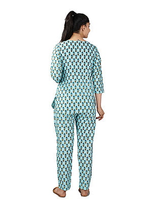 Parijath's Cotton Night Suit Floral Pyjama Set Aqua Blue