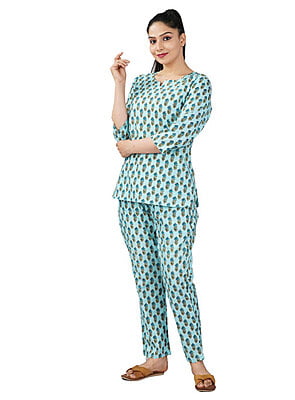 Blue Cotton Booti Print Top Pyjama Set Parijaths