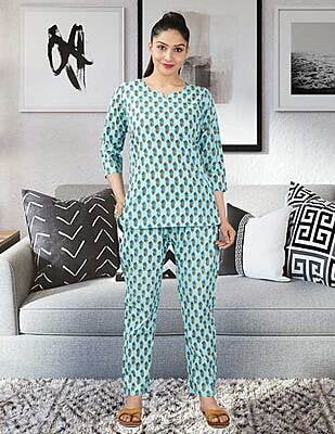 Parijaths Cotton Night Suit Floral Pyjama Set Aqua Blue