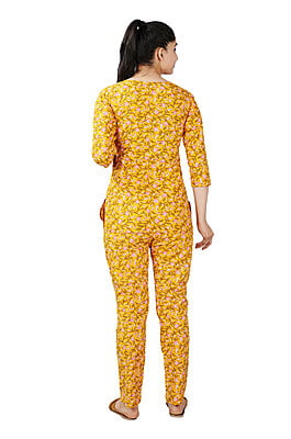 Parijath's Cotton Night Suit Floral Pyjama Set Floral Mustard
