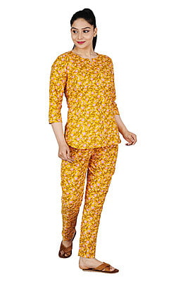Mustard Cotton Booti Print Top Pyjama Set Parijaths