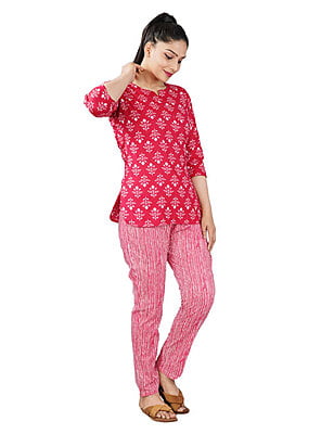 Red Cotton Booti Print Top Pyjama Set Parijaths