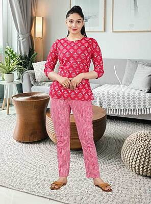 Parijaths Cotton Night Suit Floral Pyjama Set Floral Red
