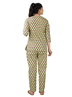 Parijath's Cotton Night Suit Floral Pyjama Set  Mehendi
