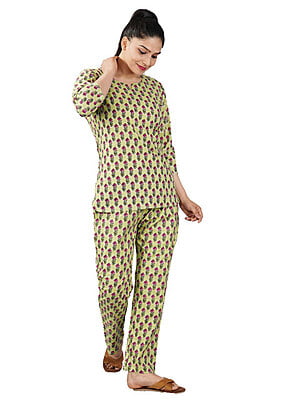 Mehendi Cotton Booti Print Top Pyjama Set Parijaths