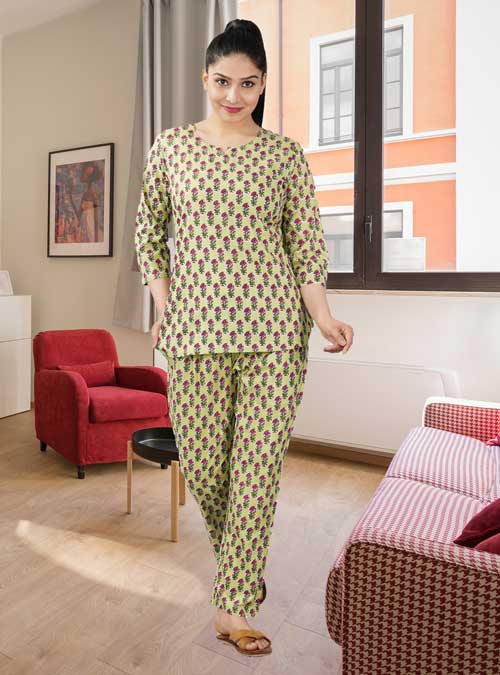 Parijaths Cotton Night Suit Floral Pyjama Set Mehendi