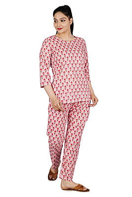 Pink Cotton Booti Print Top Pyjama Set Parijaths