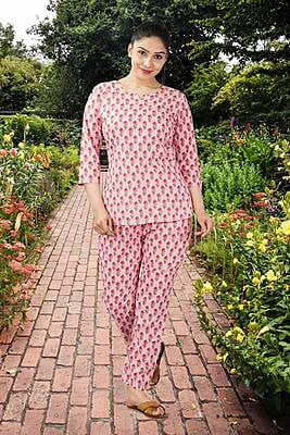 Parijaths Cotton Night Suit Floral Pyjama Set Pink