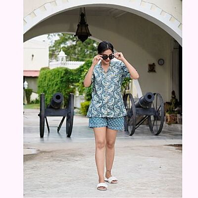 Cotton Geometric Print Shirt Short Set