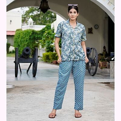 parijaths geometric sea green night suit