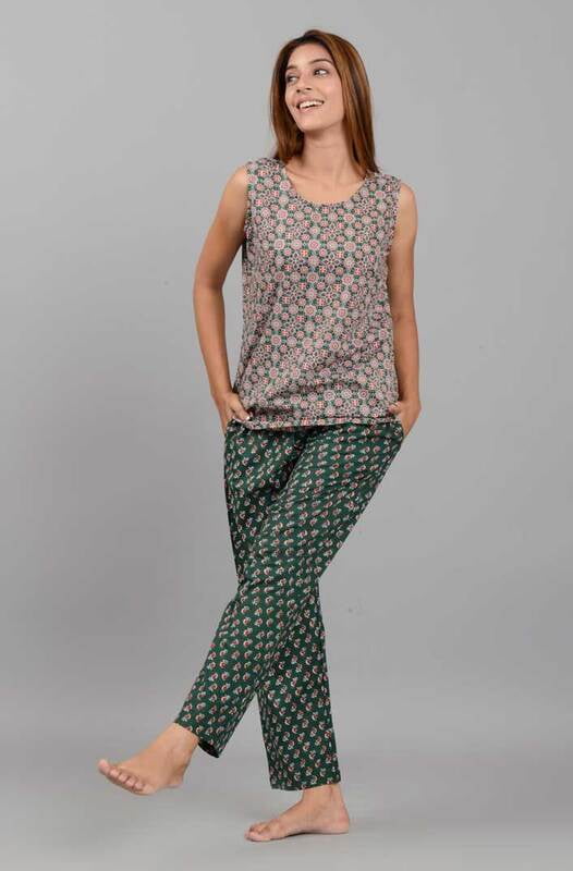 Cotton Ikat Print Sleeveless Top Pajama Set